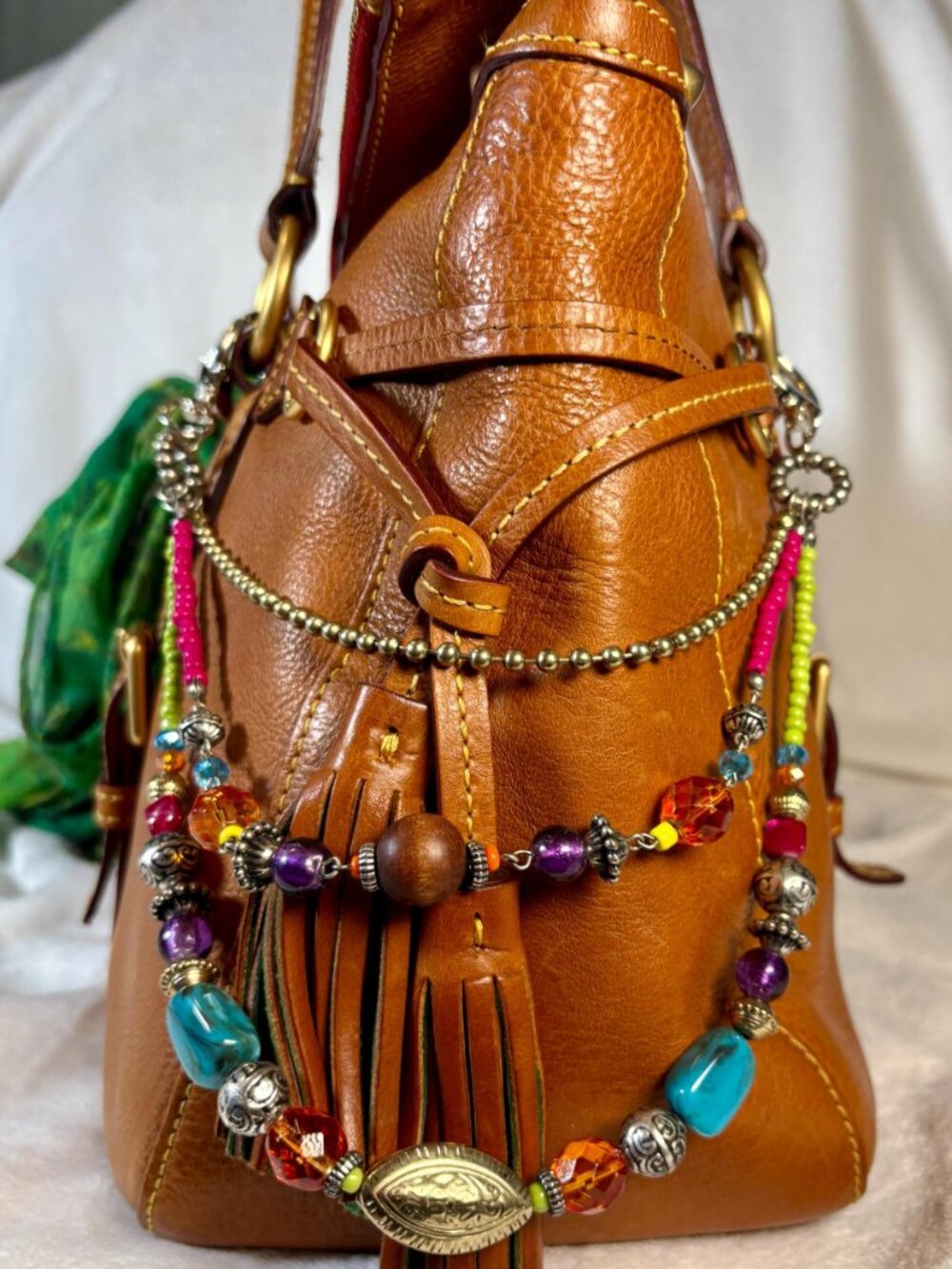 Dooney and Bourke (Old Large) Florentine Tassel Satchel in Chestnut w/ Chain - Picture 4 of 16